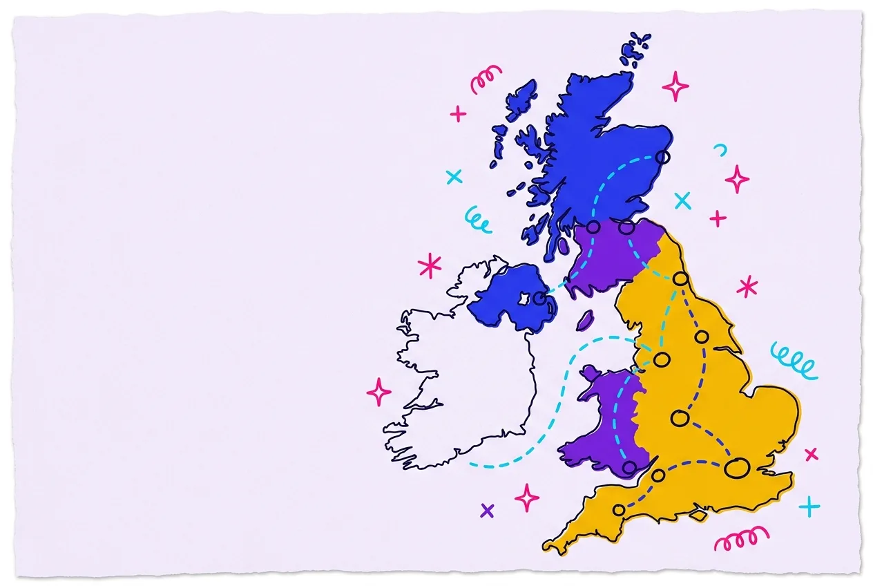 Hand-drawn map of the United Kingdom with distribution routes linking city rings