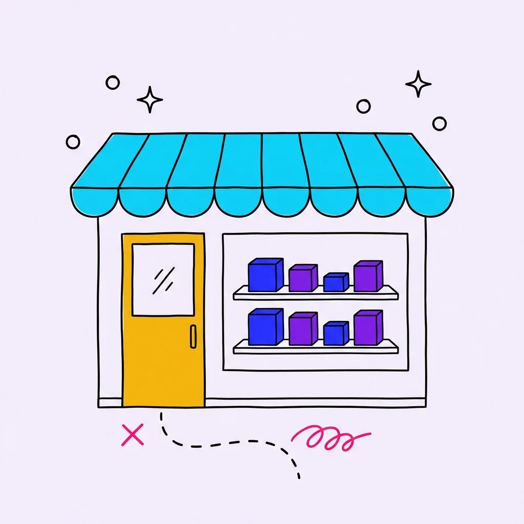 Hand-drawn shopfront with a scalloped awning and shelves of product boxes