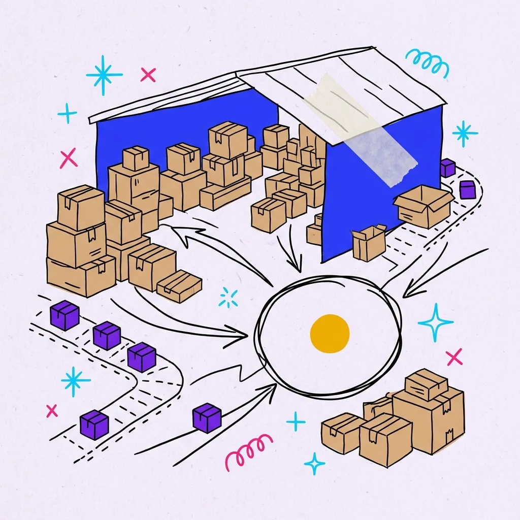 Hand-drawn warehouse with dashed conveyor lines flowing into a ringed hub