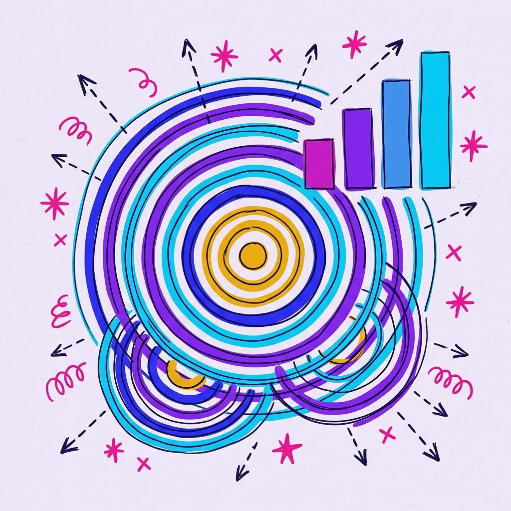 Hand-drawn concentric rings radiating from a hub beside ascending blocks